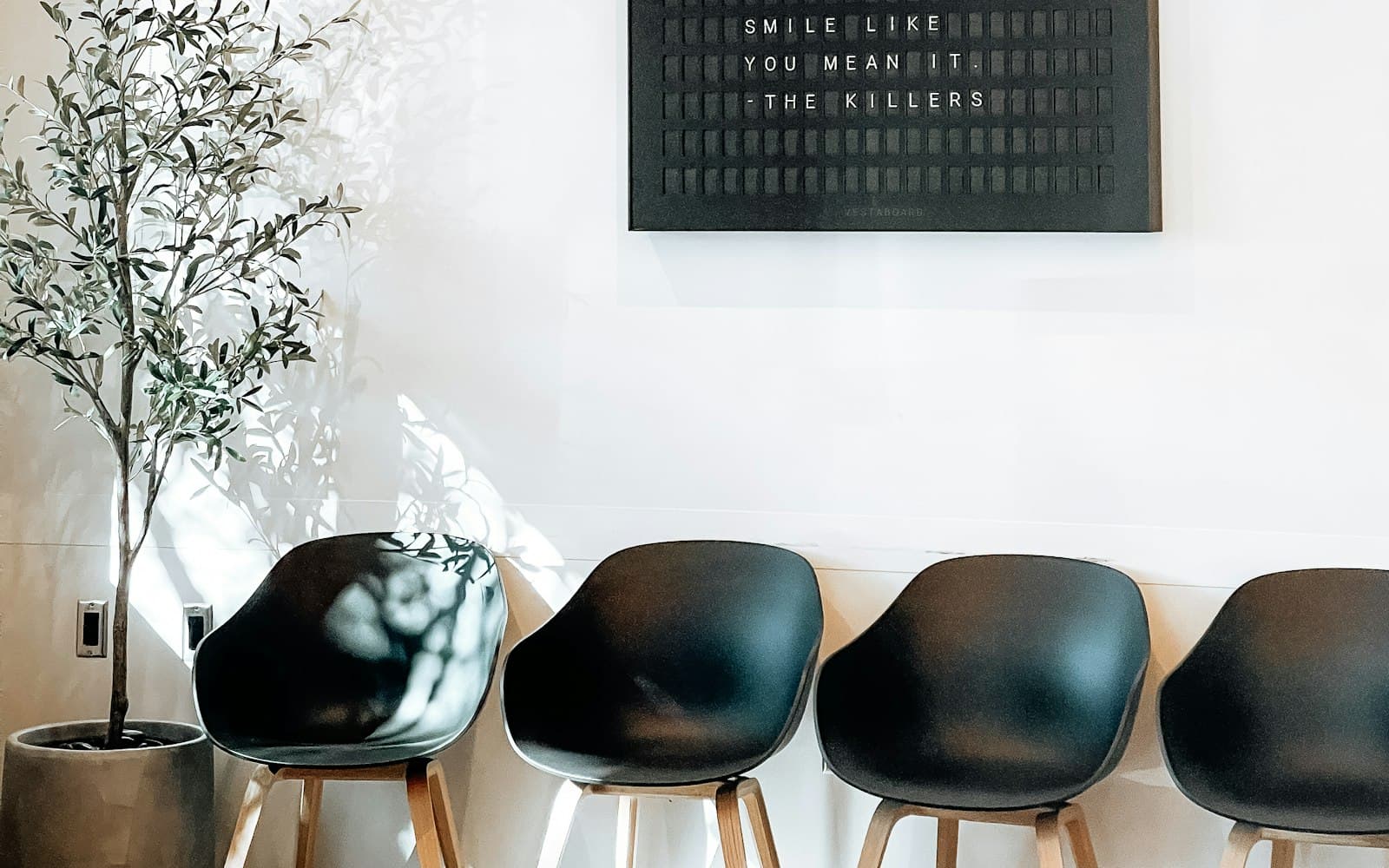 A quiet clinic waiting room with seating and a plant